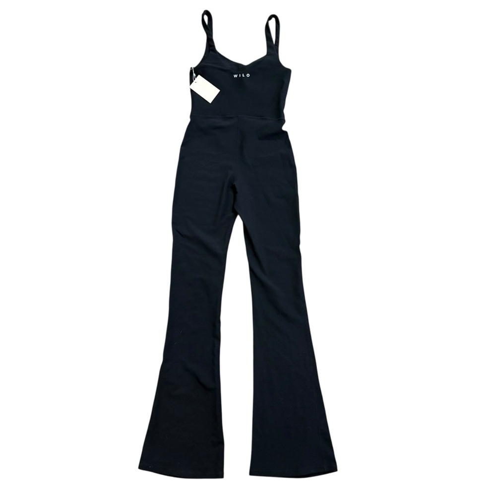 WILO THE LABEL V-Neck Flare Unitard Ribbed Black Jumpsuit Activewear Size XS NWT - Picture 2 of 8